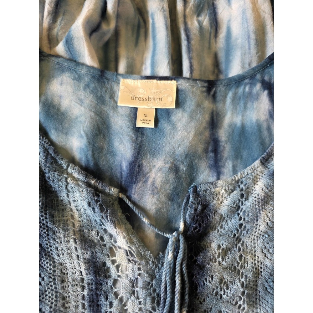 GUC Dressbarn Blouse Womens XL Blue Tie Dye Babydoll Crochet Hippie Whimsigoth - Picture 4 of 8
